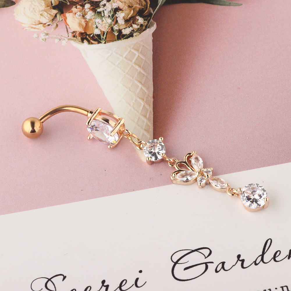 Rose Gold CZ Navel Ring 316L Surgical Steel Dangle Belly Button Ring Cross Border Jewelry detail image 11