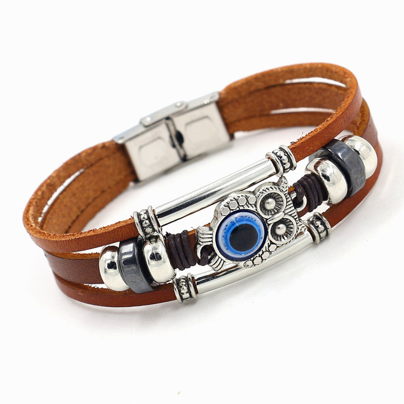 European and American New Owl Cowhide Bracelet Retro Multi-layer Beaded Evil Eye Stainless Steel Bracelet Couple Jewelry