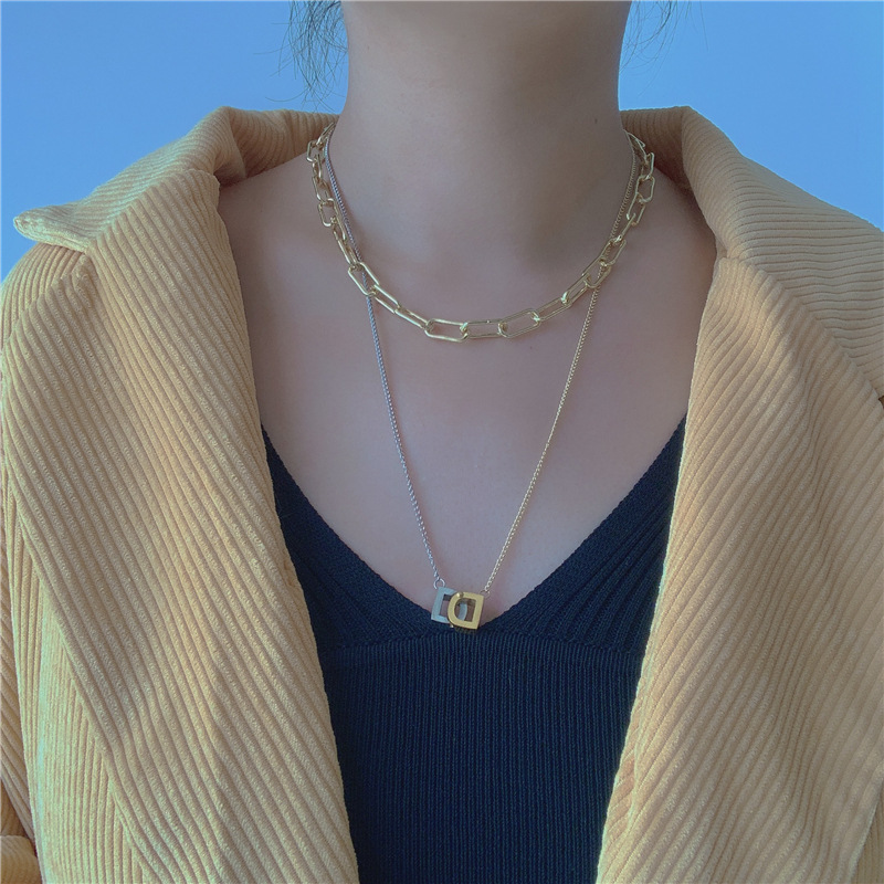 Korea Double-layer Wild Color Matching Thick Chain Design Sense Metal Choker Necklace Clavicle Chain Tide Wholesale Nihaojewelry display picture 2