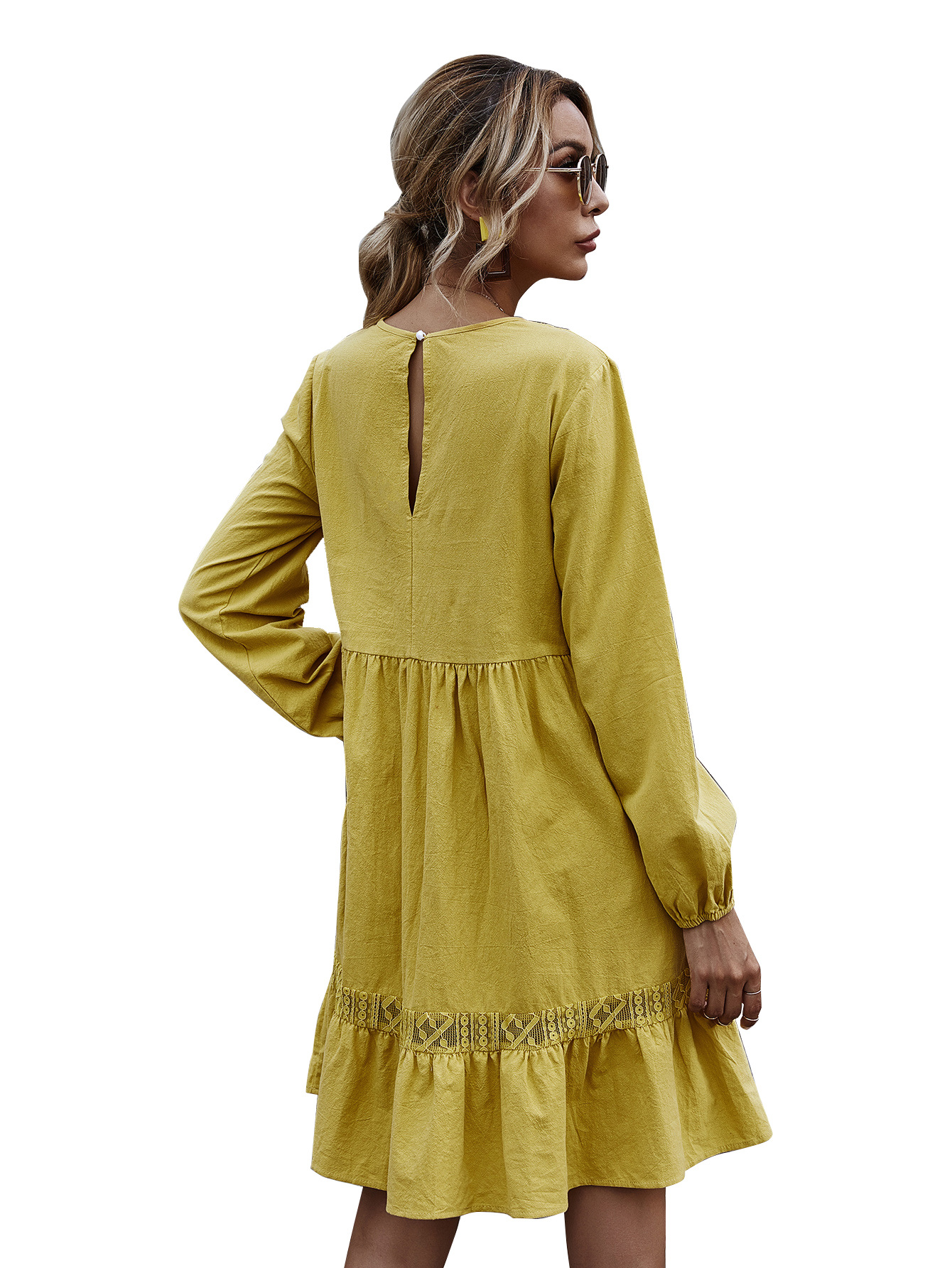 new hollow lace stitching lotus leaf round neck long-sleeved large swing dress wholesale NHDF63