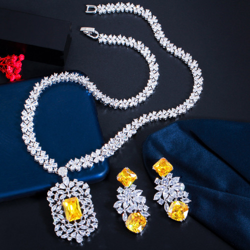 Wholesale Korean-style bridal diamond necklace earrings set chain wedding banquet evening party jewelry set multiple colors available