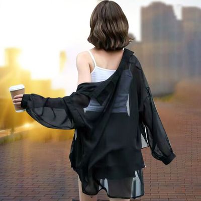 韩版防晒衣女外穿雪纺衬衫设计感小众长袖衬衣宽松垂感夏季薄款衫|ru