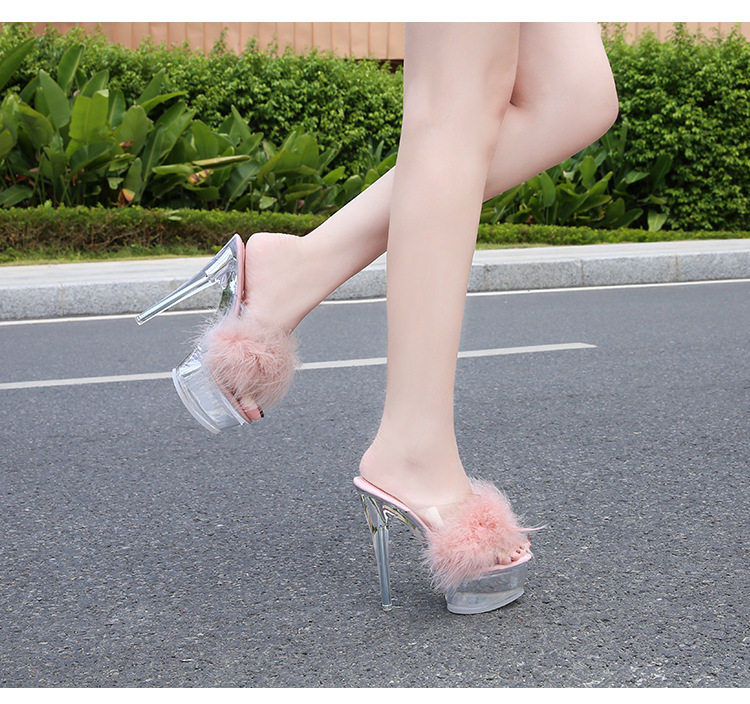 Dép sandal nữ gót nhọn siêu cao phối lông, quai trong suốt pha lê, mũi hở — Màu hồng, Màu trắng, Màu đen, Màu đỏ chi tiết 20