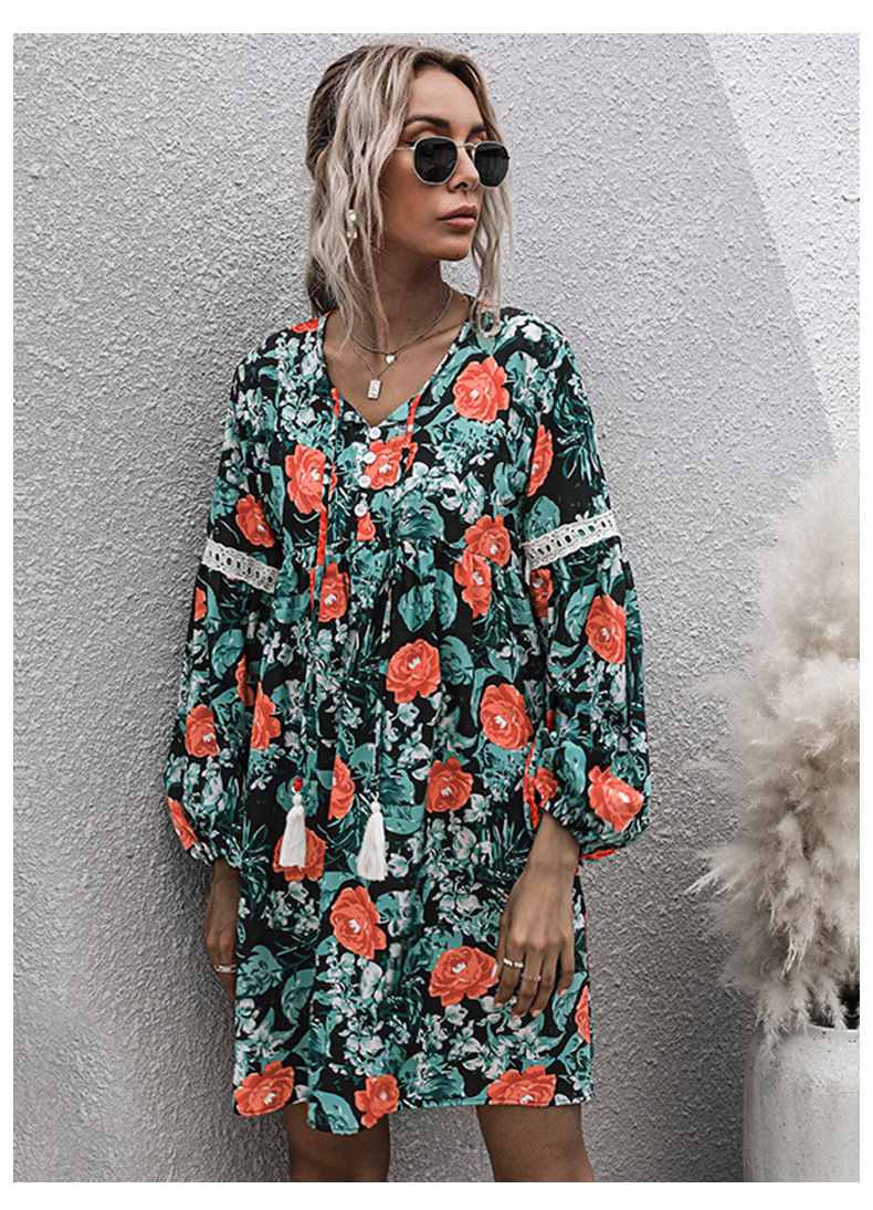 women s v-neck flower print long-sleeved dress nihaostyles wholesale clothing NSDMB79590