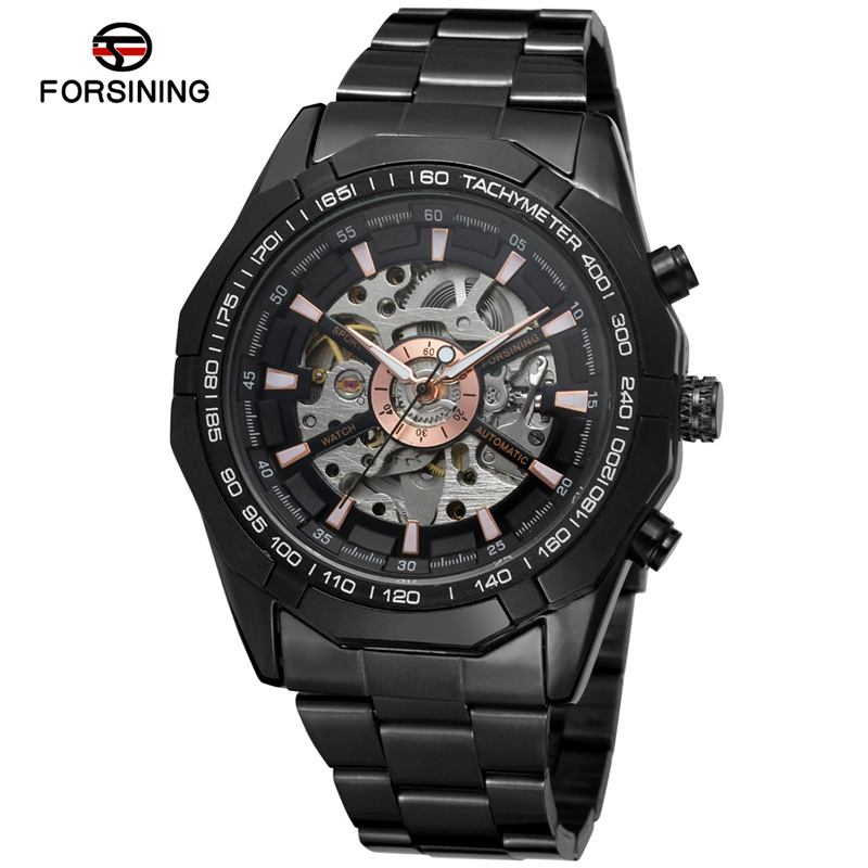 FORSINING correa de acero de los hombres reloj mecánico automático hueco transparente inferior negocio reloj mecánico volante reloj 8042