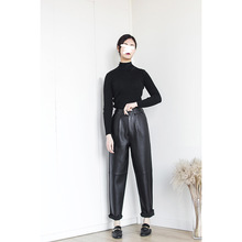 2021春季新款真皮烟管裤女绵羊皮皮裤女士大码宽松九分裤长裤百搭