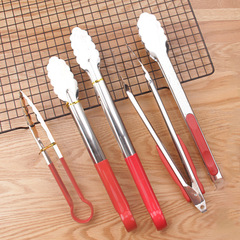 Stainless steel food tongs, bread tongs with plastic red handles, barbecue tongs available in 9 inches, 12 inches, and 14 inches selectable.