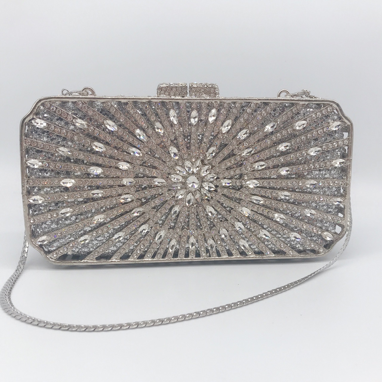 Túi clutch nữ đính đá dạ hội hộp kim loại khung cứng — bạc chi tiết 10
