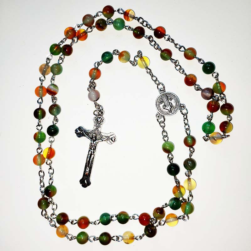 Original Stone Peacock Agate Round Beads Religious Cross Necklace Hand-woven