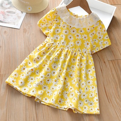 2020 summer new Korean girls' short sleeve dress net red little Daisy long skirt middle children's westernized princess skirt