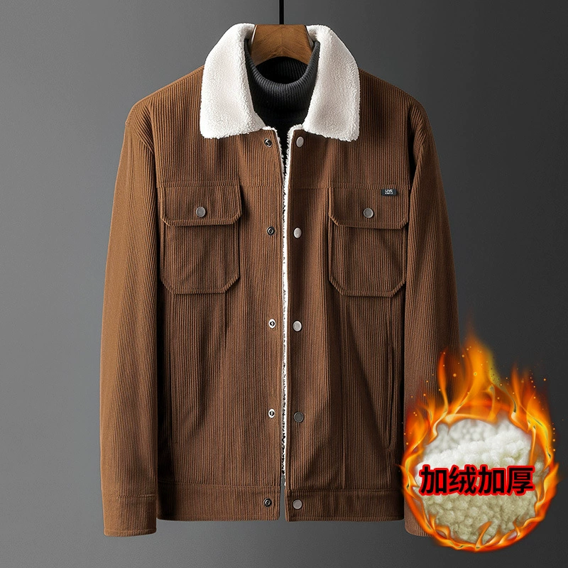 Мужское хлопковое пальто с откидным воротником, коричневое зимнее Прямое пальто с прямым подолом на флисе, с Боковым Разрезом и карманом, 9973