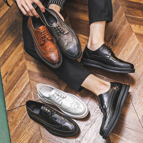 2020 New Leather Shoes Korean Fashion Retro Shoes Carved Brogue Casual Shoes Lace-Up Versatile Shoes A310-W