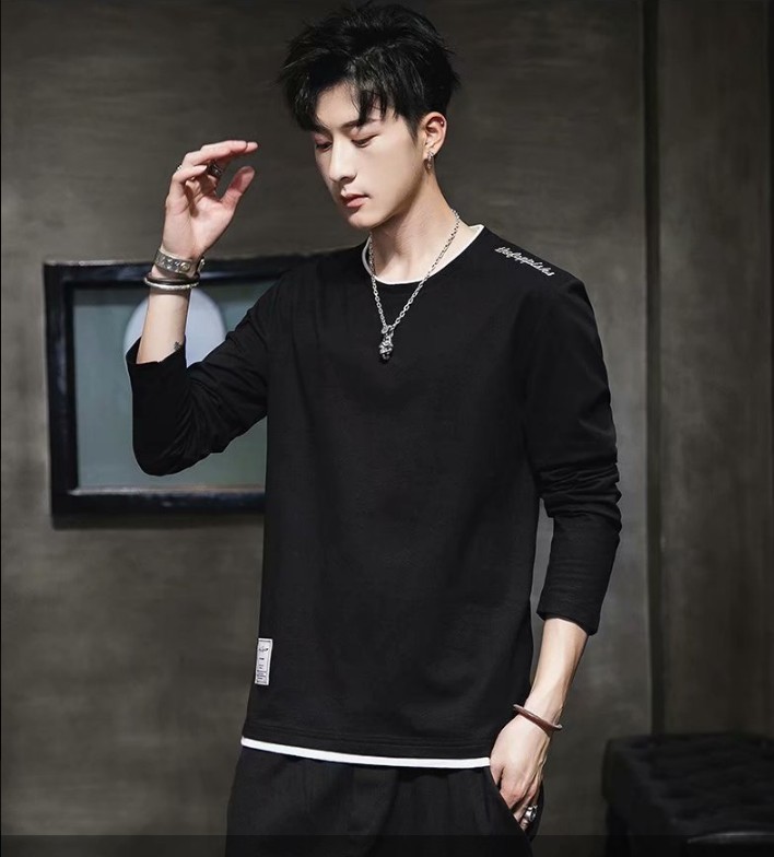 긴팔 티셔츠 남성용 크루넥 티셔츠 남성용 봄과 가을 트렌디 십대 새로운 스타일 탑 의류 슬림핏 베이스 셔츠