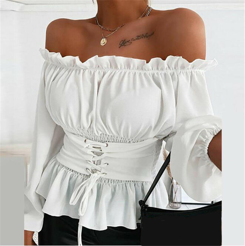 Street Occasion Off Shoulder Neckline Wholesale Women's Fashion Solid Color Long Sleeve Blouses