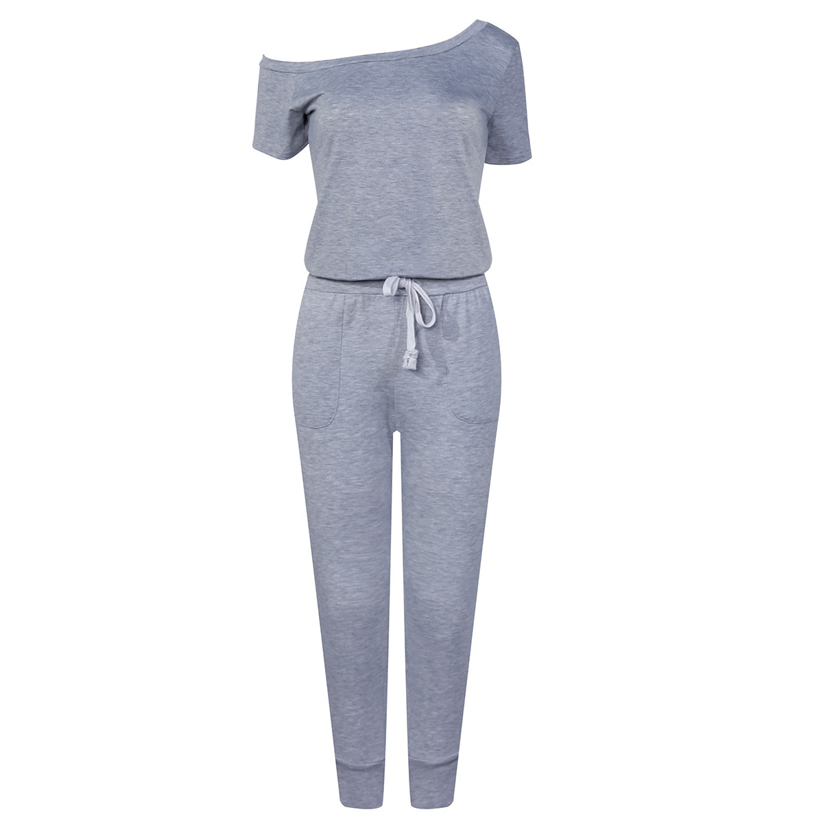 Women's Off-shoulder Jumpsuit With Pockets And Lace-up Details_voghion.com