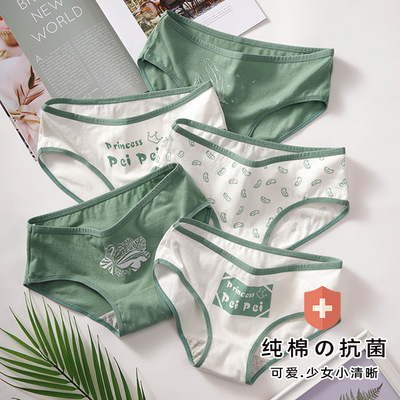 内裤女纯棉抗菌档日系绿叶组合少女三角裤舒适透气女士内裤大码