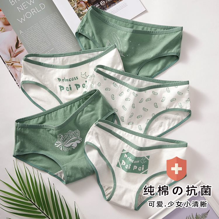 内裤女纯棉抗菌档日系绿叶组合少女三角裤舒适透气女士内裤大码