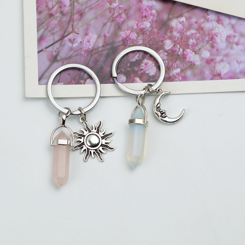 外贸出口时尚复古情人节合金爱心月亮太阳天然石钥匙扣节日礼物