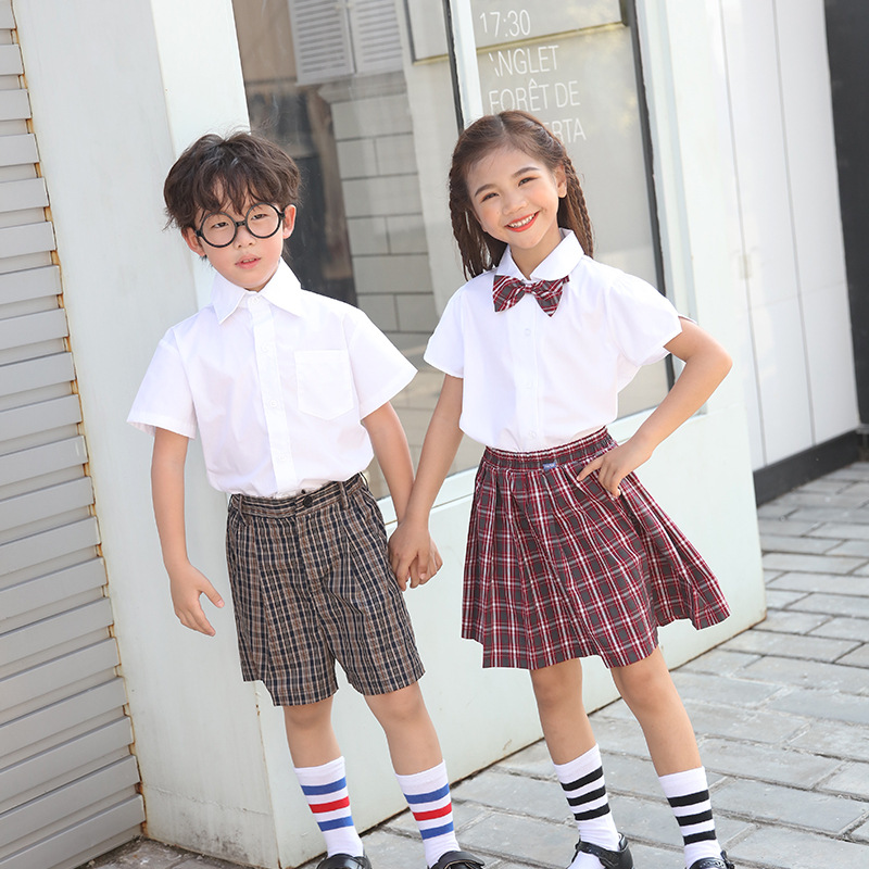 Shenzhen pupil school uniform full dress quality goods men and women Short sleeved shirt Spring and summer Short skirt suit Plaid shorts uniform