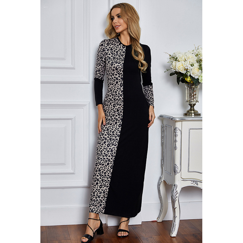 autumn and winter new long leopard print long-sleeved slim color matching dress NSSA26089