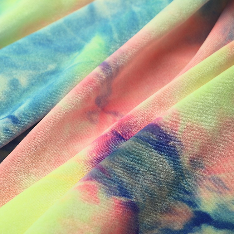 扎染韩国绒针织经编涤氨纶天鹅绒金丝绒KS不倒绒彩虹扎染韩国绒布