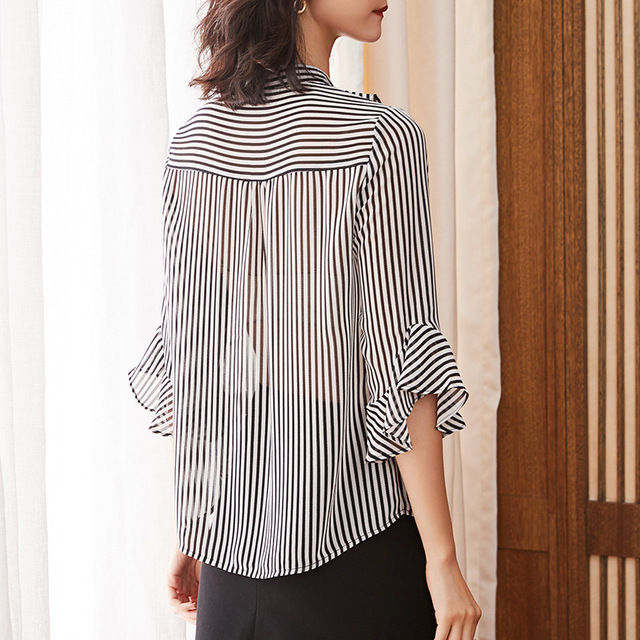 Stripe chiffon blouse women’s short sleeve summer Korean loose Ruffle shirt flare sleeve top