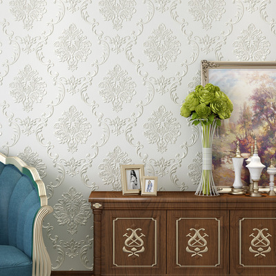 3D欧式无纺布墙纸自粘 电视背景墙纸客厅卧室壁纸自粘大马士革花