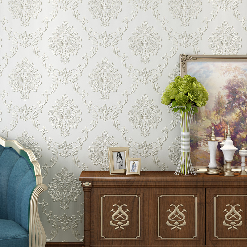 3D欧式无纺布墙纸自粘 电视背景墙纸客厅卧室壁纸自粘大马士革花