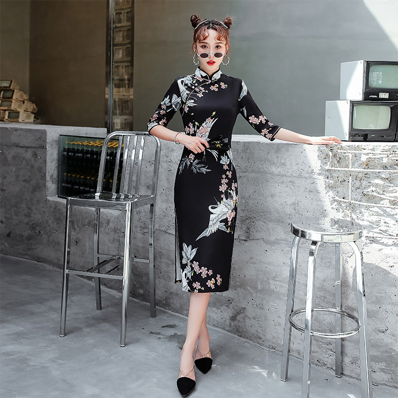 Improved cheongsam chinese dresses mid-length four-sided stretch cheongsam daily banquet temperament catwalk suit cheongsam