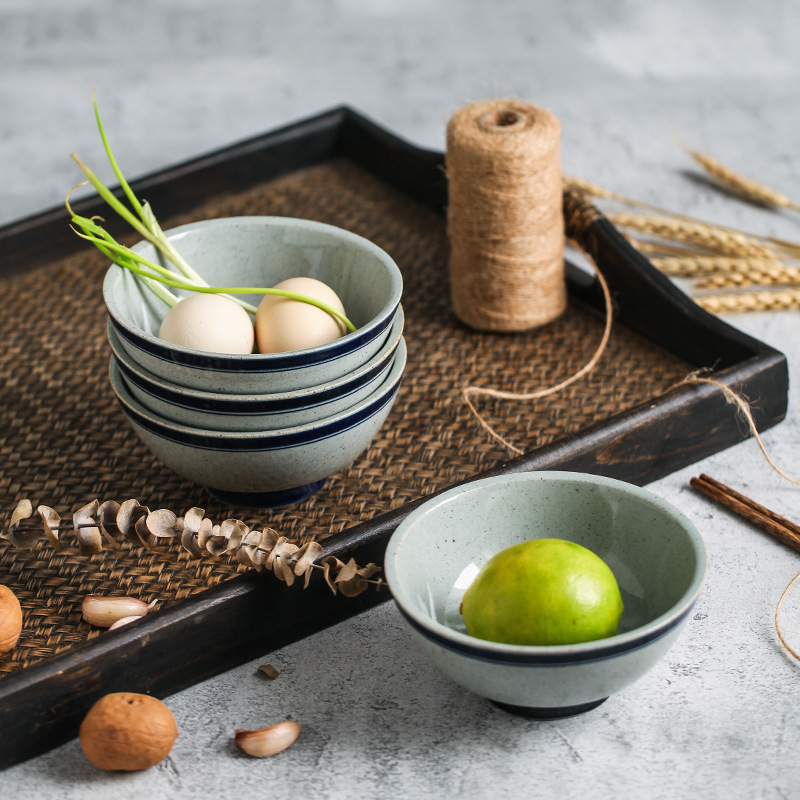 Japanese Handmade Stoneware Retro Blue Edge White Rice Bowl Grandma's Thick Earth Bowl Porridge Bowl Farmhouse Shooting Props Japanese Handmade Stoneware Retro Blue Edge White Rice Bowl Grandma's Thick Earth Bowl Porridge Bowl Farmhouse Shooting Props