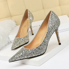 372-1 European and American high heels women's shoes thin heels high heels shallow mouth pointed sexy nightclub show thin shine Sequin single shoes