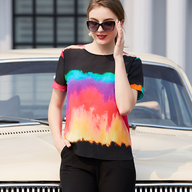 Realistic silk short sleeves T-shirt 2021 summer new slim slim, color rainbow heavy silk jacket women