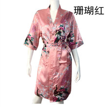 厂家直供孔雀睡袍夏薄款性感冰丝绸大码浴袍长款现货新娘和服外贸