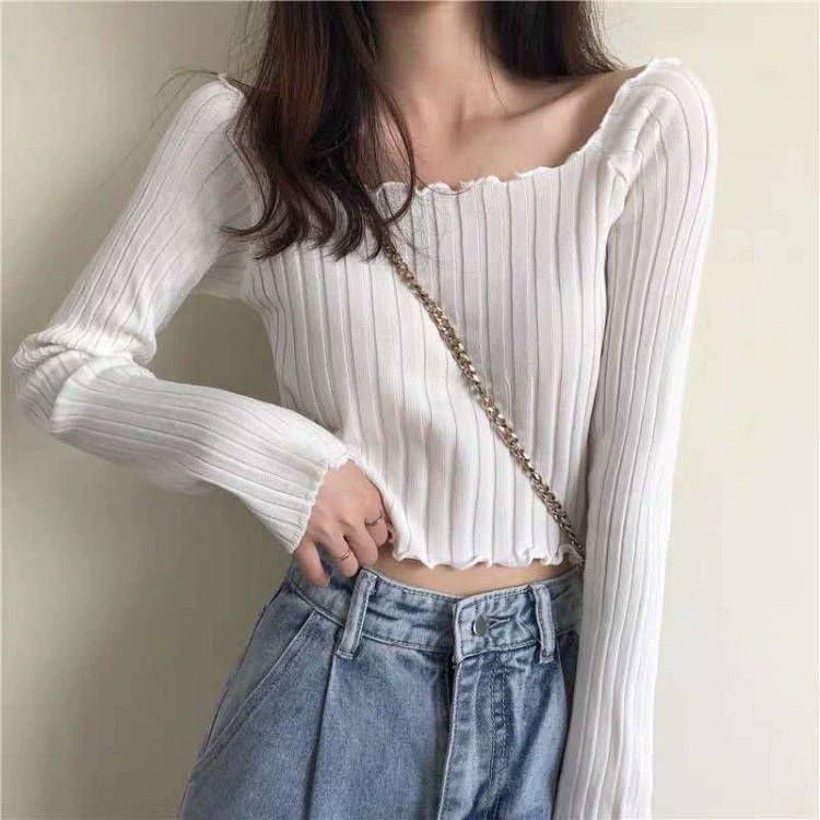 Autumn short knitted thin long-sleeve, 2020, Korean style, loose fit, open shoulders