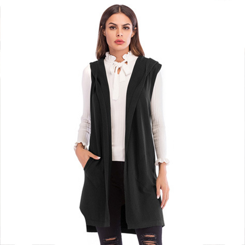 Factory Cargo Amazon cross-border women's European and American sleeveless solid color vest knitted cardigan long hooded jacket women