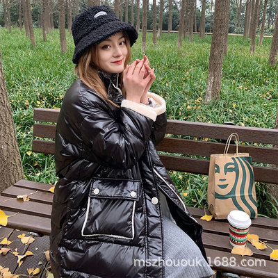 2020冬季新款羽绒服女中长款韩版亮面宽松羊羔毛大口袋白鸭绒外套|ms