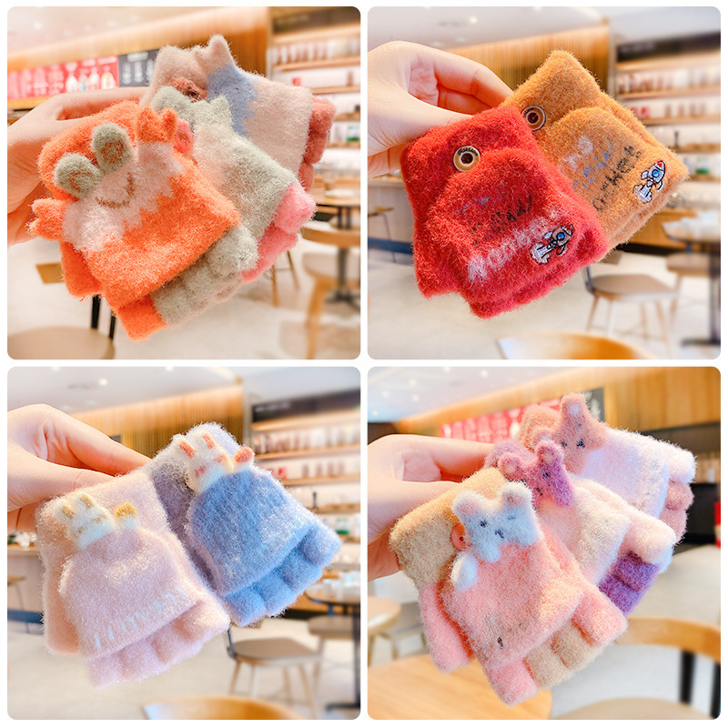 Children's gloves autumn and winter men and women baby thick warmer gloves children five finger primary school students writing half finger flip