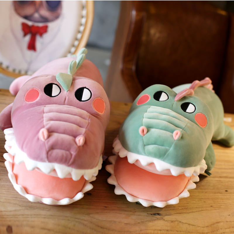 Nuevo diente grande muñeca de cocodrilo mentira cocodrilo felpa juguete bebé almohada muñeca rascarse muñeca actividad máquina regalo