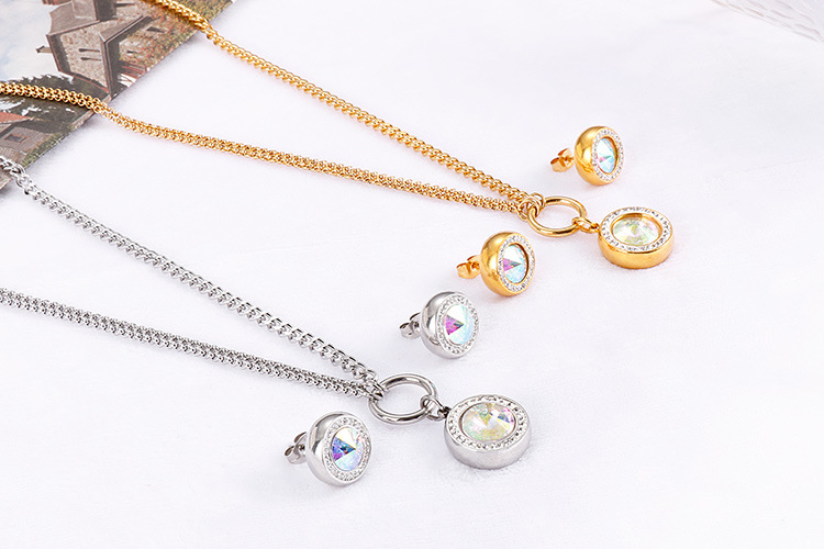 new fashion golden crystal glass diamonds earrings necklace stainless steel set wholesale nihaojewel