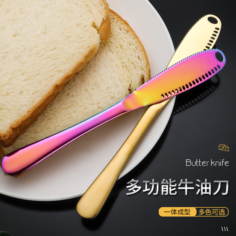 不锈钢西餐具钛金牛油芝士刀爆款多功能带孔奶油刀面包奶酪抹酱刀
