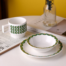 版權花面 法式復古綠葉陶瓷杯ins早餐杯燕麥咖啡杯美食攝影馬克杯