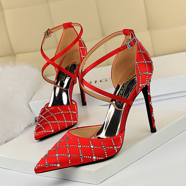 Stiletto high-heeled Satin shallow cut pointed Rhinestone hollow cross belt sandals