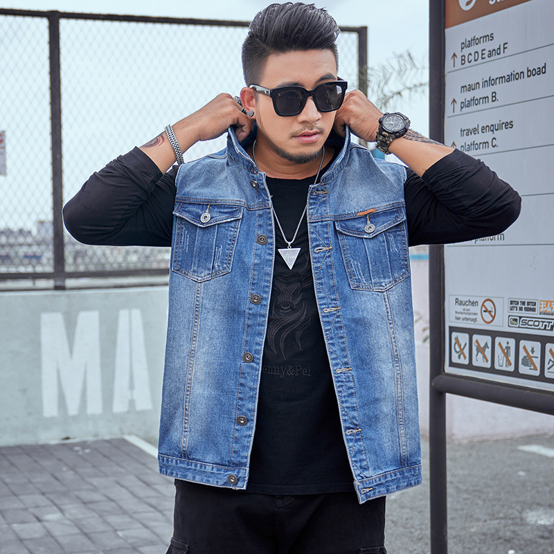 Men's Large Size Fat Men's Denim Vest Extra Large Stretch Sleeveless Top Loose Vest Motorcycle Waiver Jacket