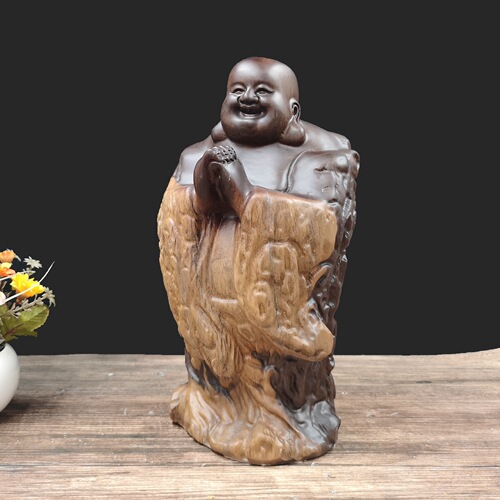 Black Sandalwood Fortune Bearer with Natural Skin, Maitreya Buddha Wood Carving Ornament, Handicraft Gift