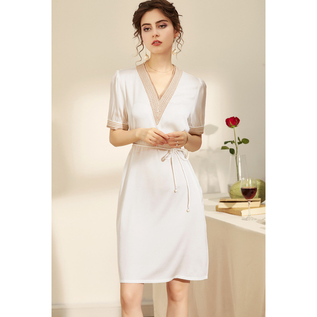 Elegant women’s solid silk short sleeve V-neck embroidery dress
