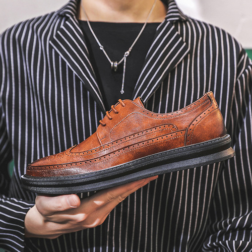 2020 New Leather Shoes Korean Fashion Retro Shoes Carved Brogue Casual Shoes Lace-Up Versatile Shoes A310-W