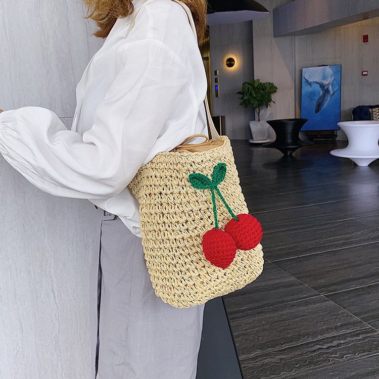 New Korean Straw Bucket Bag Cherry Woven Messenger Bag Shoulder Bag Beach Bag Vacation Beach Bag display picture 7