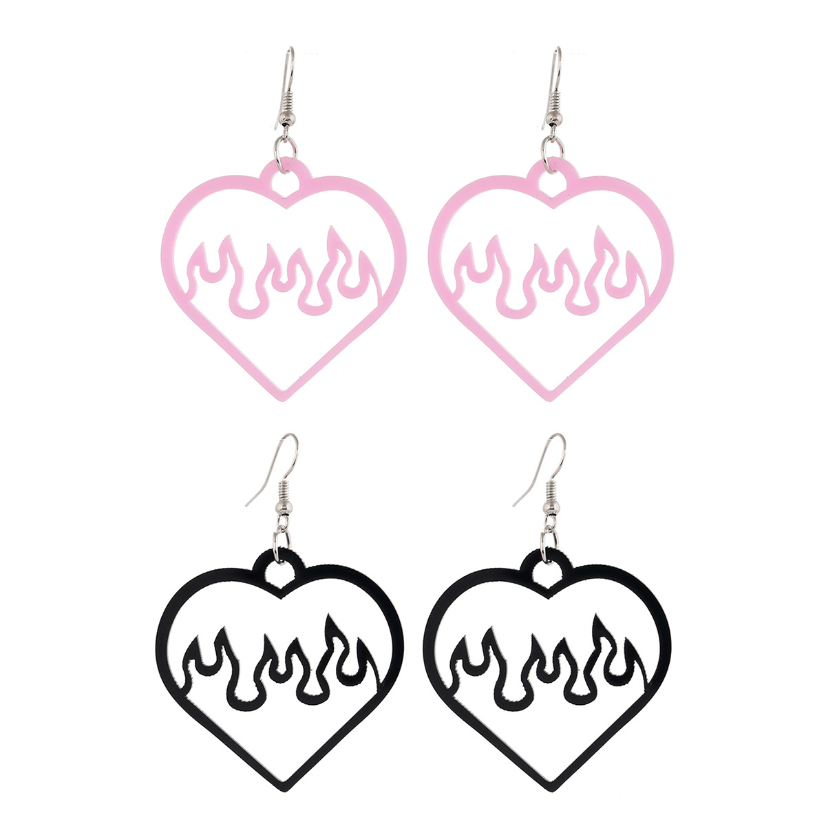 Simple Two-tone Acrylic Black Pink Hollow Love-shaped Spark Flame Earrings 2 Pairs display picture 1