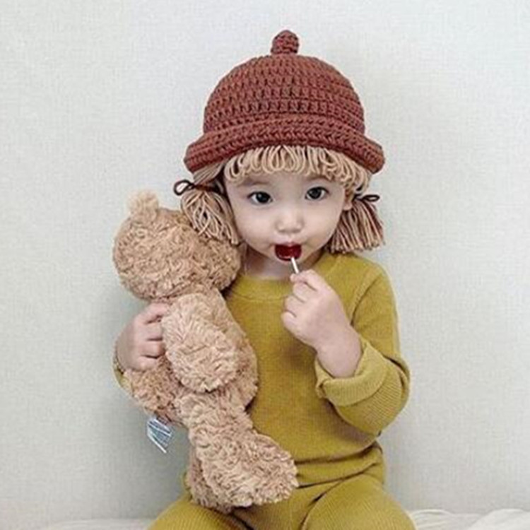 2020新款可愛奶嘴公主辮子帽 女童寶寶保暖護耳手工針織帽批發