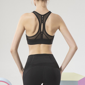 现货！亚马逊跨境新款网纱拼接透气高弹聚拢跑步瑜伽健身运动文胸